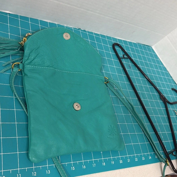 Made in Italy Genuine Leather Teal Crossbody Handbag with Zipper Tassel - Picture 10 of 10